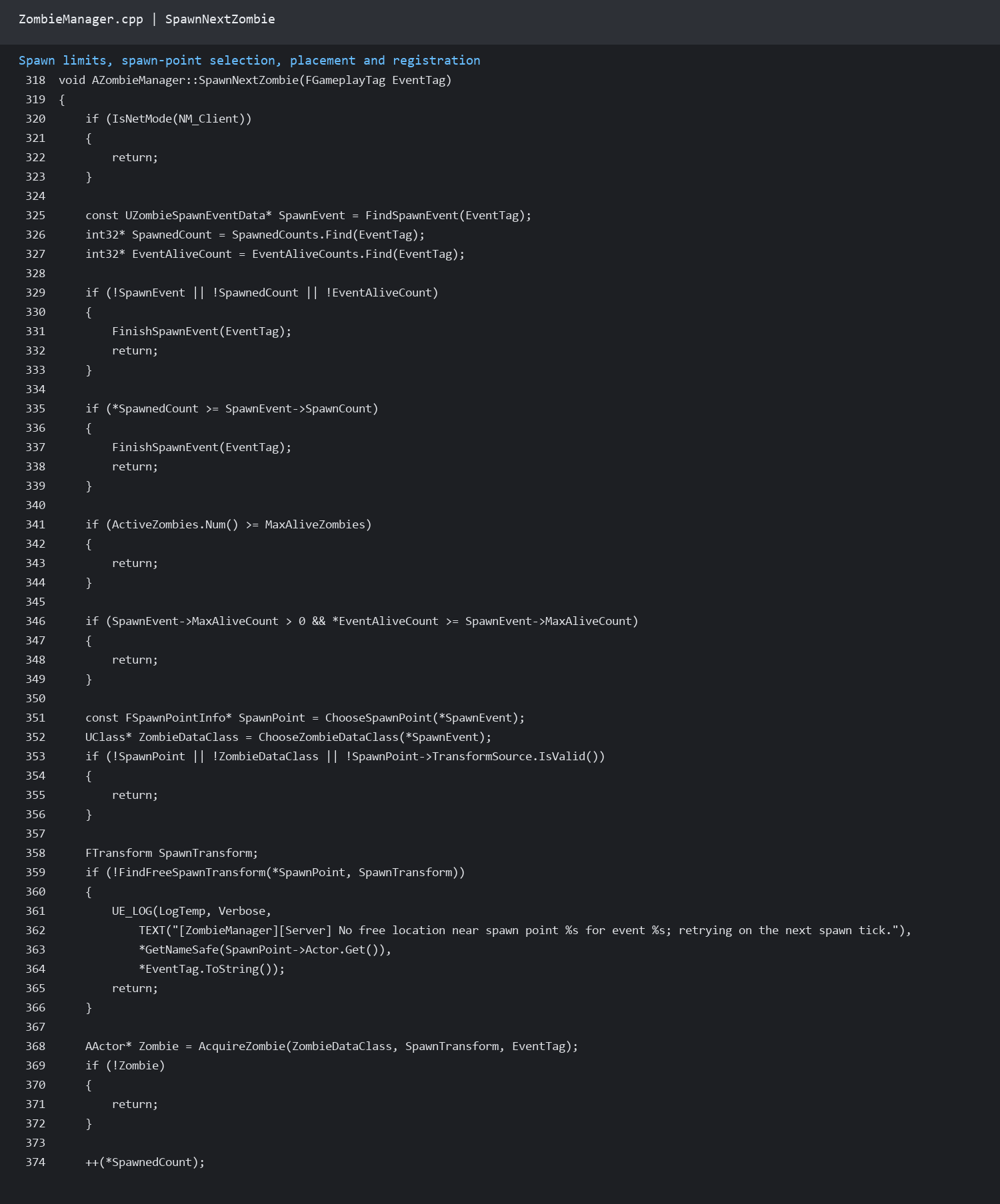 SpawnNextZombie 关键 C++ 代码